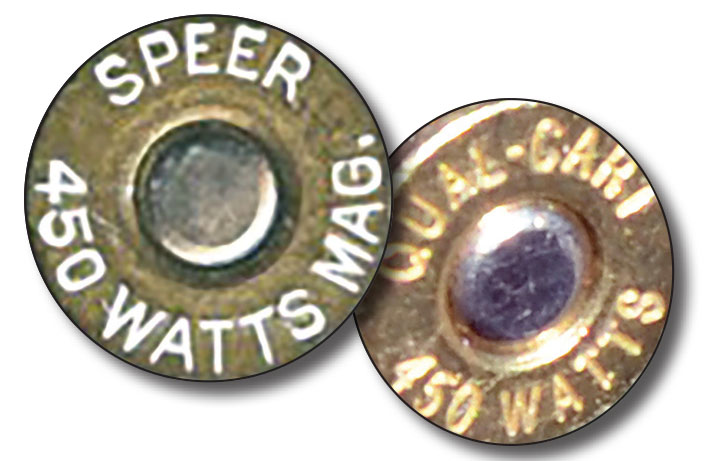 In the past, several companies offered fully formed .450 Watts cases with the proper headstamp. Some (left), like those made by Dick Speer, founder of Cascade Cartridge Company, Inc. (CCI), read “.450 Watts Mag.” Cases made today by Quality Cartridge (right) are headstamped “.450 Watts.”